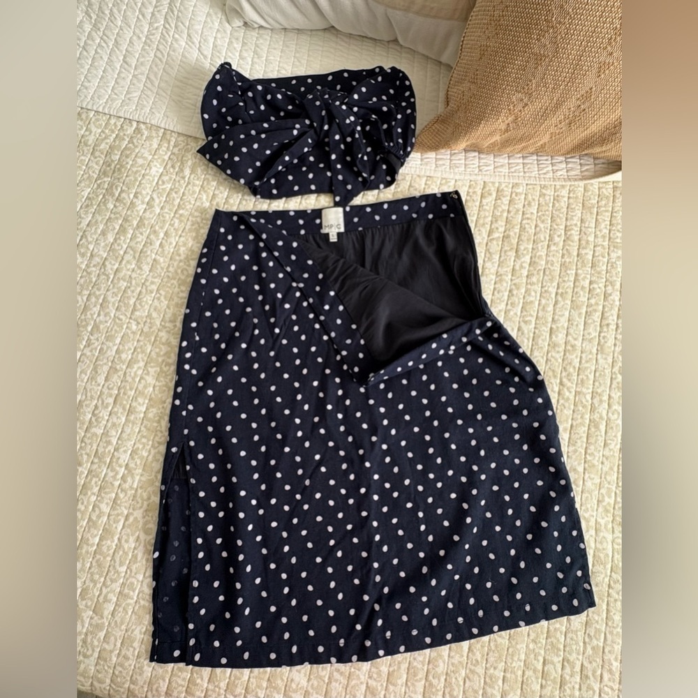 MINKPINK | Pip Polka Dot Midi Skirt | Navy Blue | Size L - Picture 9 of 16